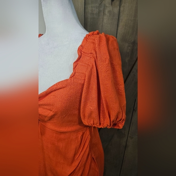 LUSH Orange/Red Linen Blend Front Tie Short Puff Sleeve Front Midi Dress.Size S - Picture 16 of 16